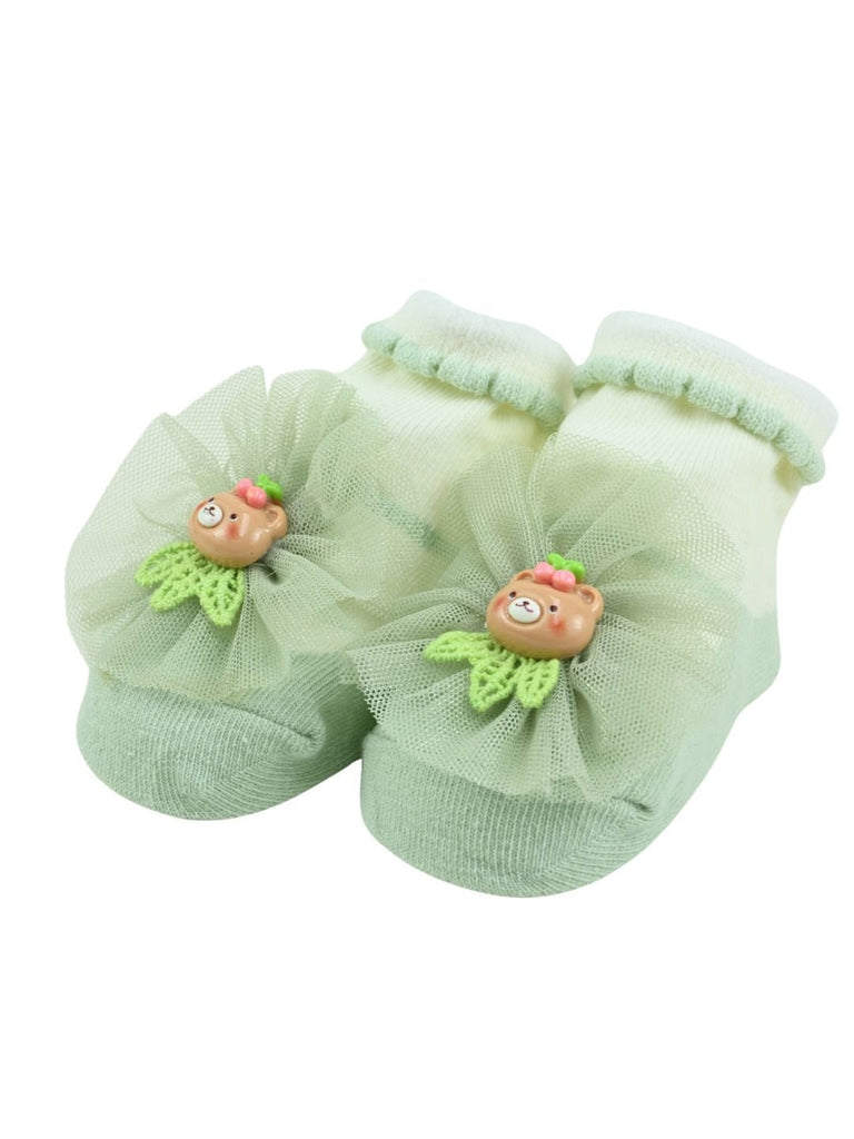 Stylish Baby Cotton Socks with Bear Charm for Girls - Green - Angle View