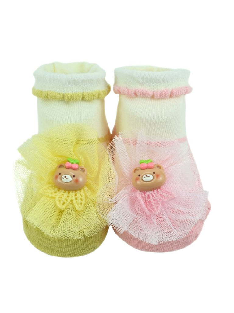 Stylish Baby Cotton Socks with Bear & Tulle Design for Girls – Pink & Yellow - Full View