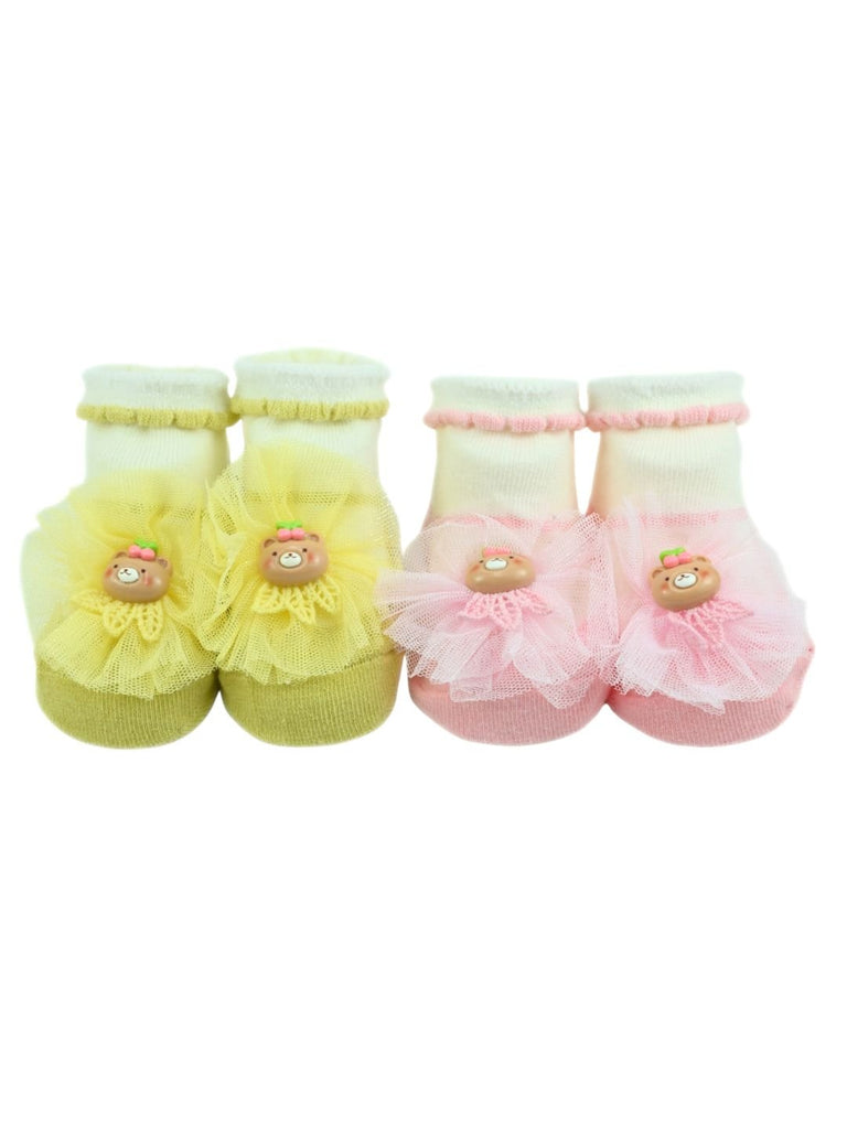 Stylish Baby Cotton Socks with Bear & Tulle Design for Girls – Pink & Yellow - Front View