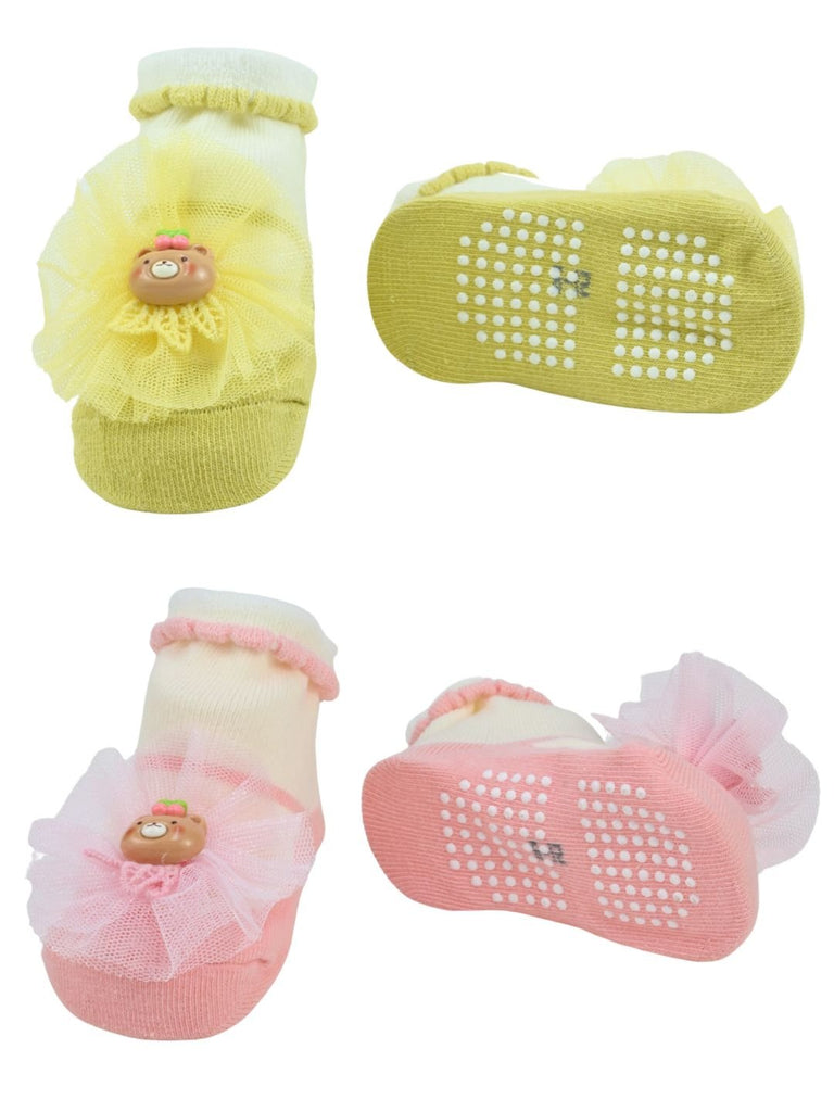 Stylish Baby Cotton Socks with Bear & Tulle Design for Girls – Pink & Yellow - Front & Back View