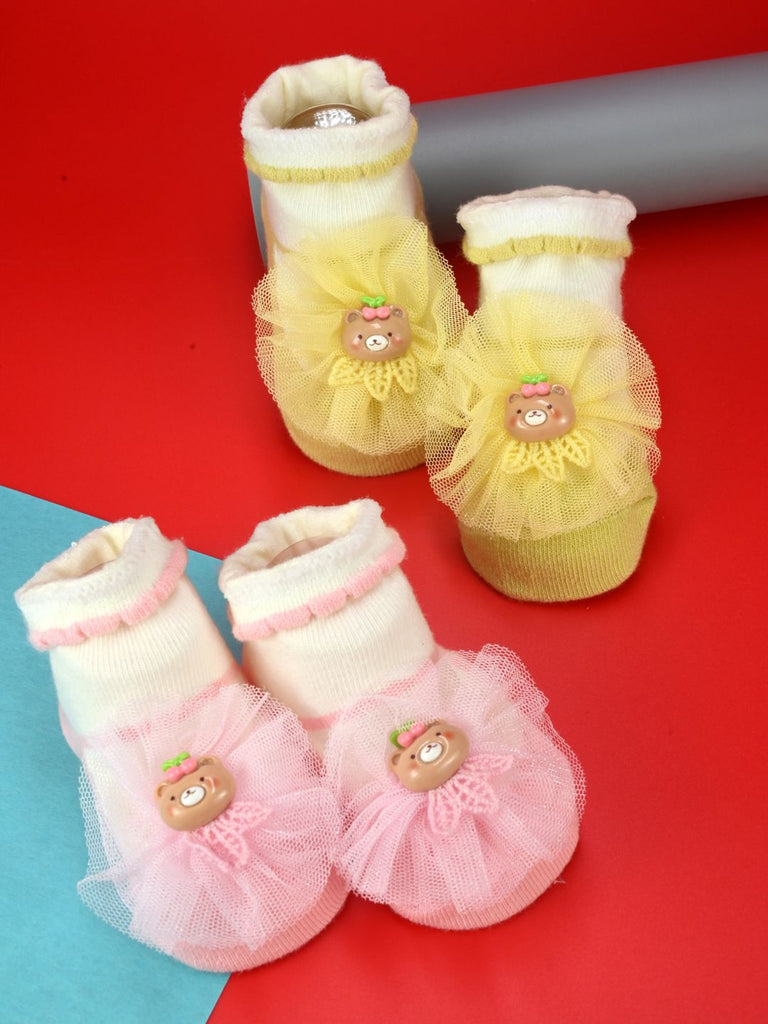 Stylish Baby Cotton Socks with Bear & Tulle Design for Girls – Pink & Yellow - Creative View