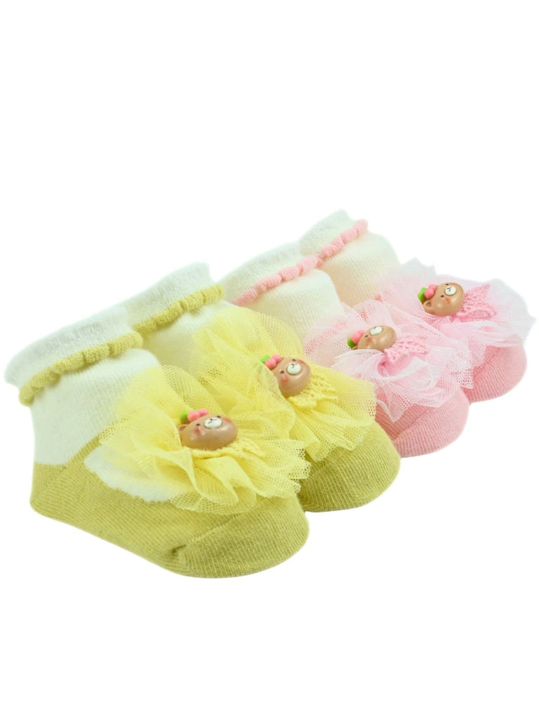 Stylish Baby Cotton Socks with Bear & Tulle Design for Girls – Pink & Yellow - Angle View