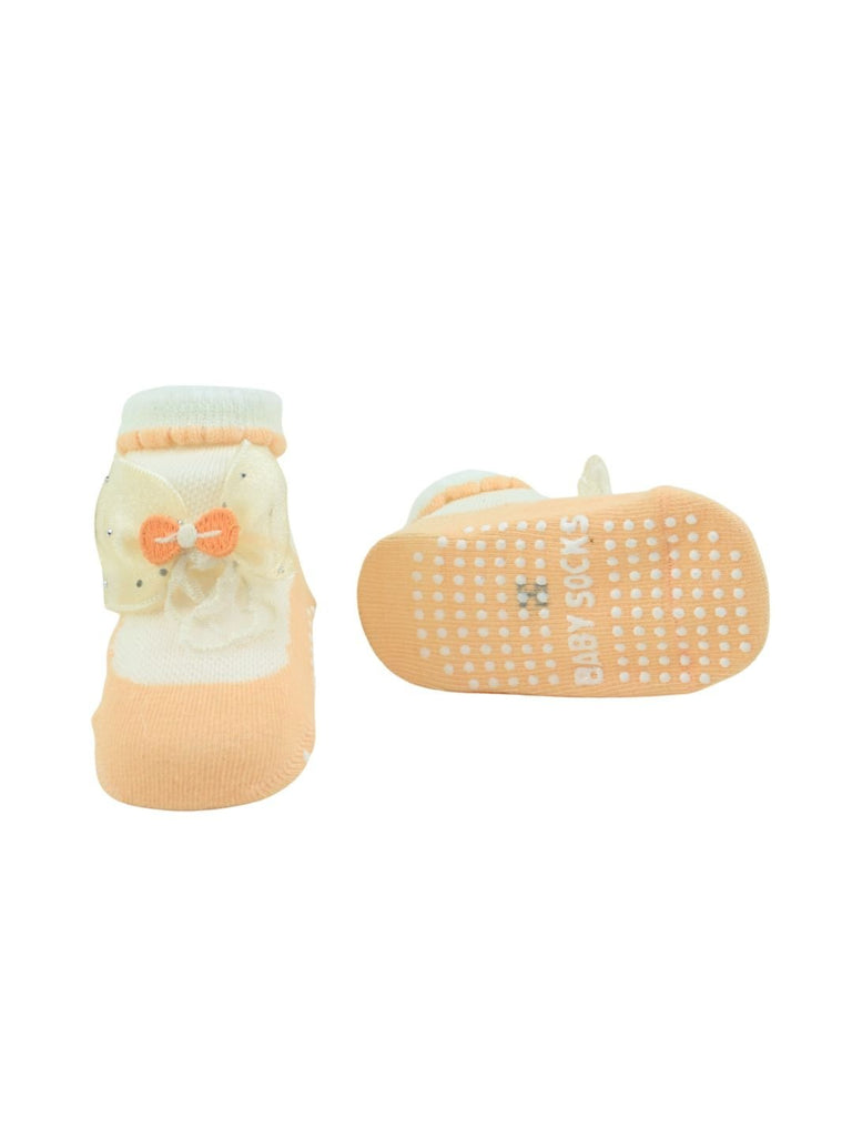 Stylish Baby Cotton Socks with Bow Accent for Girls – Orange - Front & Back View