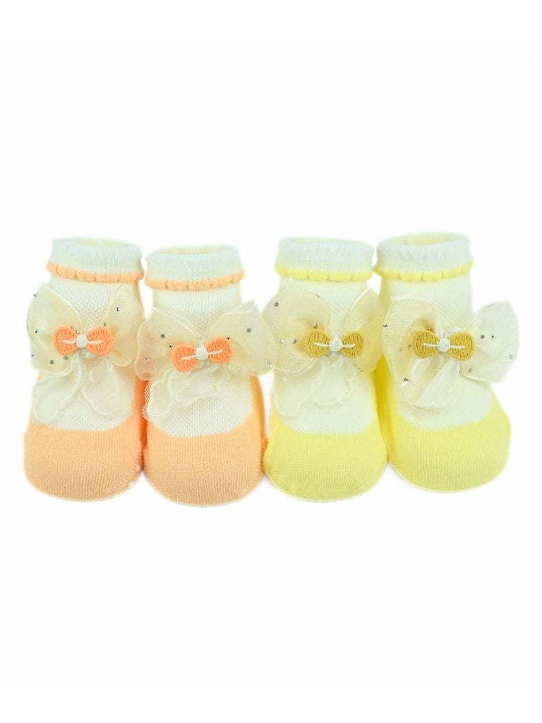 Stylish Baby Cotton Socks with Bow Design for Girls - Orange & Yellow - Front View