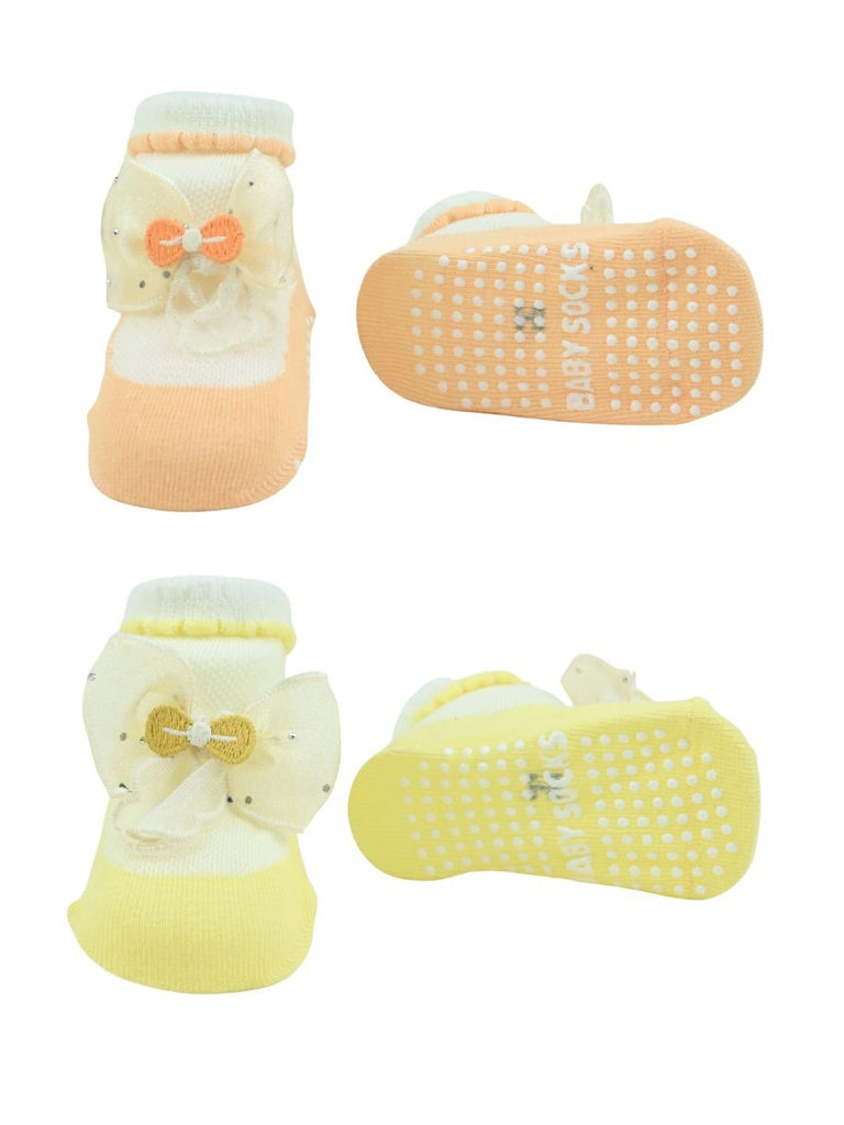 Stylish Baby Cotton Socks with Bow Design for Girls - Orange & Yellow - Front & Back View