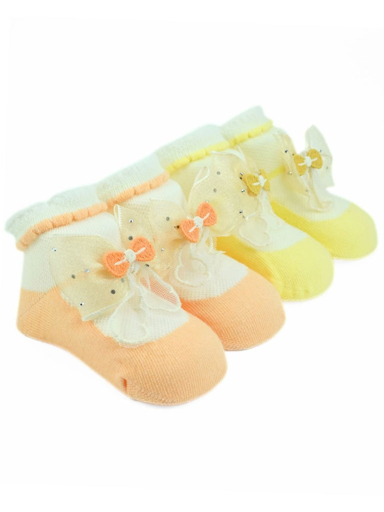 Stylish Baby Cotton Socks with Bow Design for Girls - Orange & Yellow - Angle View