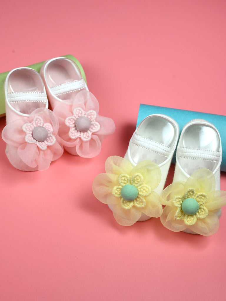 Stylish Baby Cotton Socks with Floral Charm for Girls- Pink & Yellow  Creative View