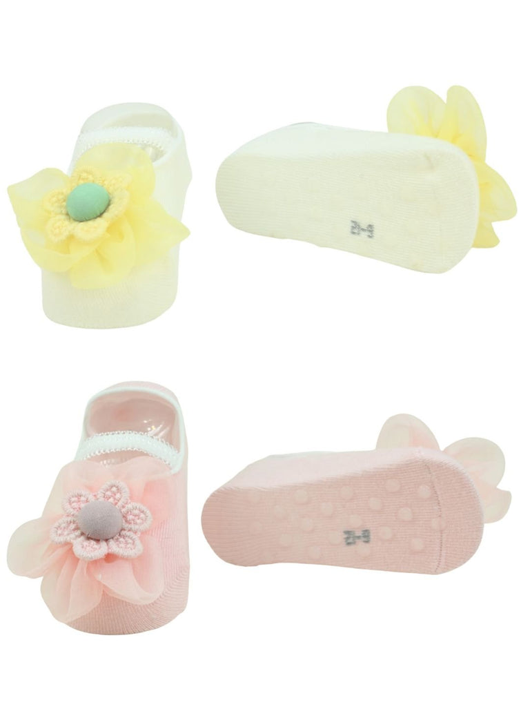Stylish Baby Cotton Socks with Floral Charm for Girls- Pink & Yellow Front & Back View
