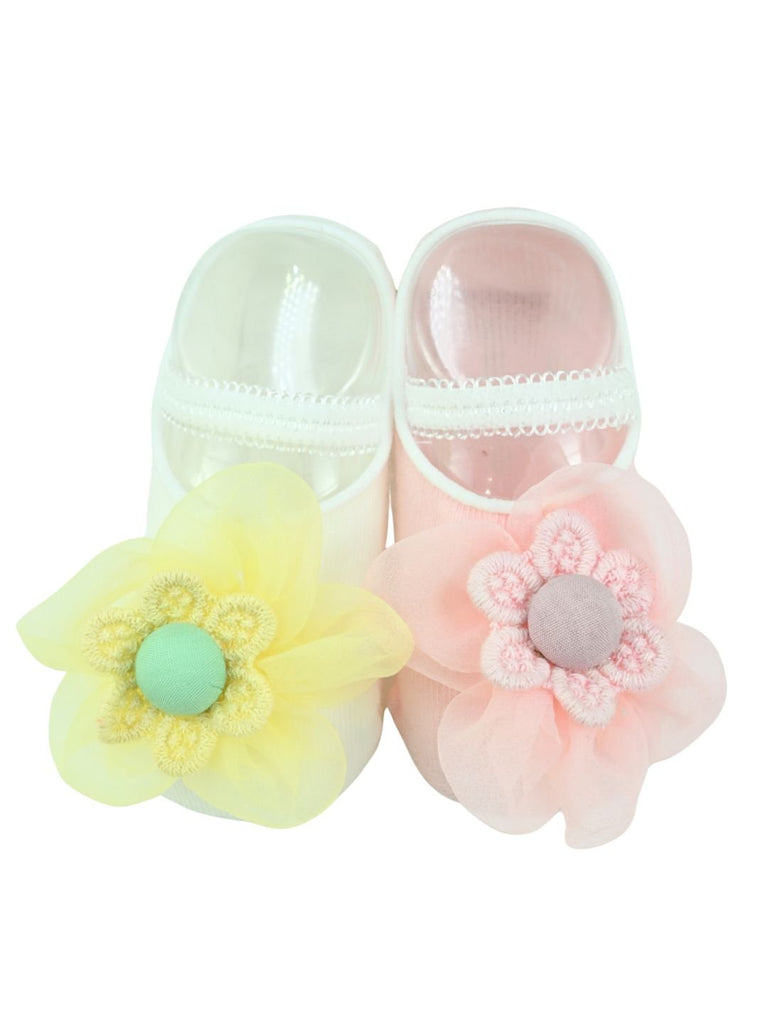 Stylish Baby Cotton Socks with Floral Charm for Girls- Pink & Yellow Front View