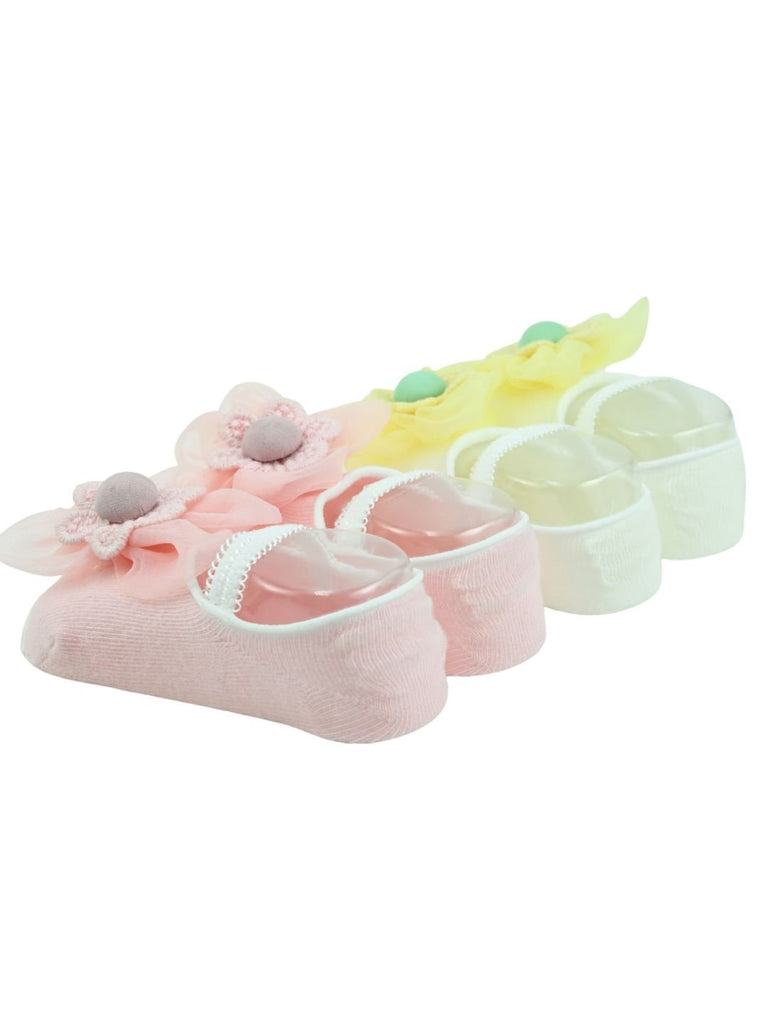 Stylish Baby Cotton Socks with Floral Charm for Girls- Pink & Yellow Back Side View