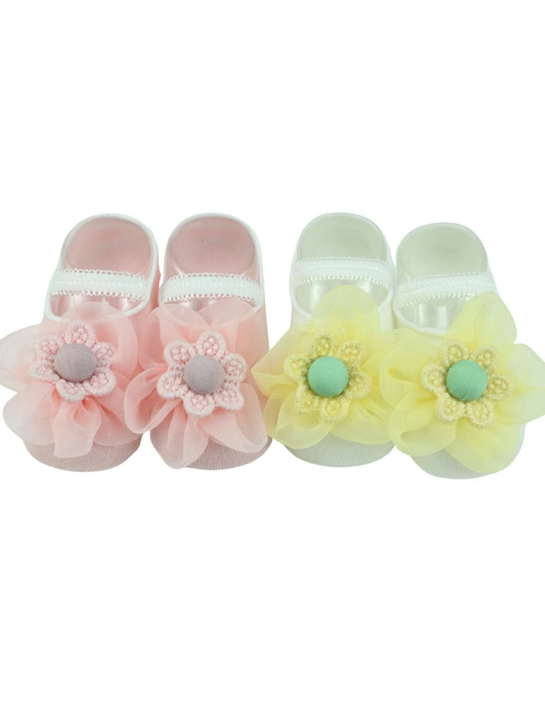 Stylish Baby Cotton Socks with Floral Charm for Girls- Pink & Yellow Close Up View