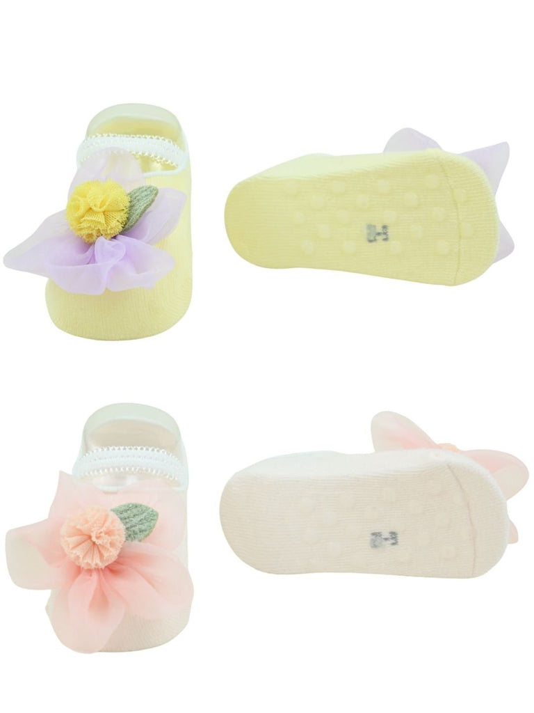 Stylish Baby Cotton Socks with Flower Applique for Girls – Pink & Yellow - Front & Back View