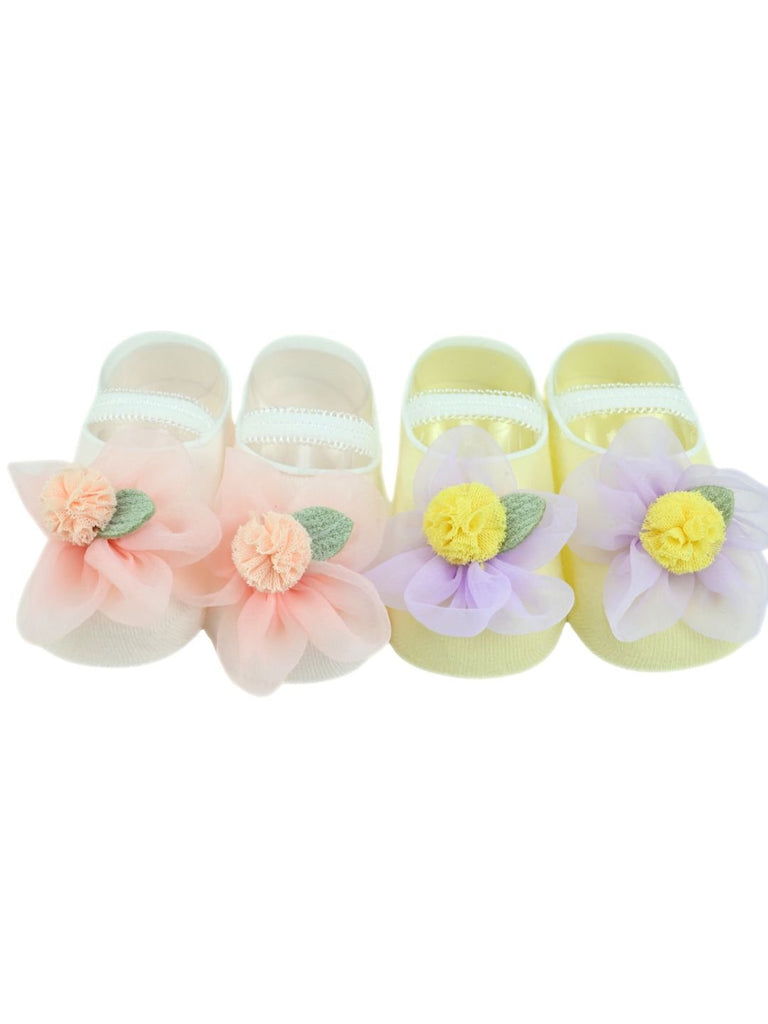 Stylish Baby Cotton Socks with Flower Applique for Girls – Pink & Yellow - Front View