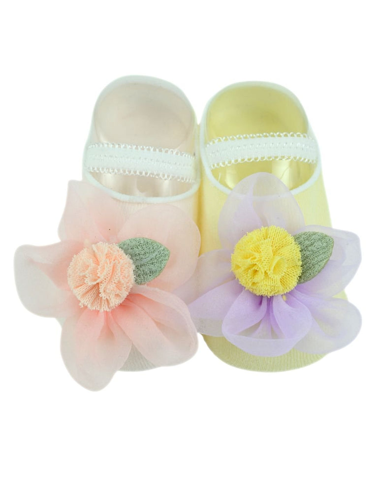 Stylish Baby Cotton Socks with Flower Applique for Girls – Pink & Yellow - Single View