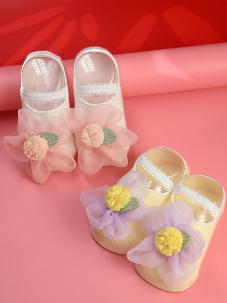 Stylish Baby Cotton Socks with Flower Applique for Girls – Pink & Yellow - Creative View