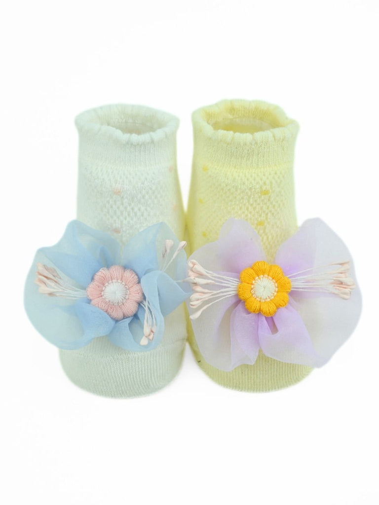 Stylish Cotton Party Socks Combo with Mesh Flower Charm for Girls - White & Yellow - Single View