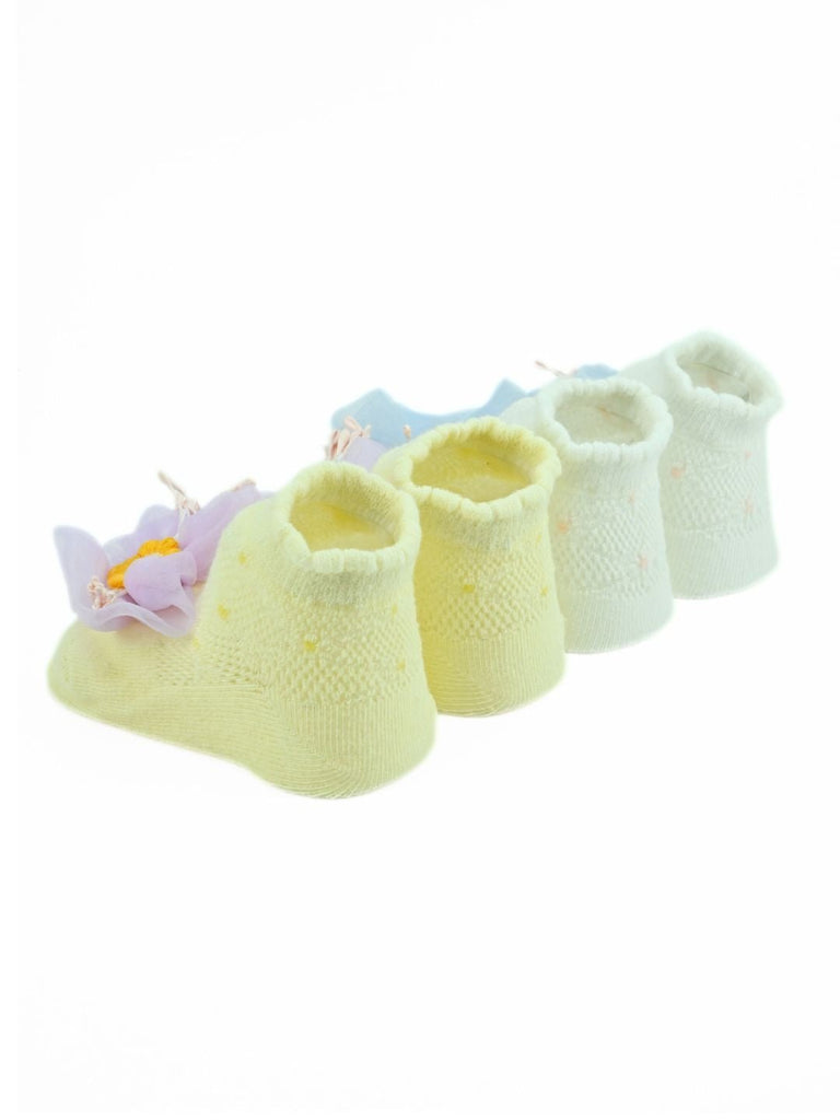 Stylish Cotton Party Socks Combo with Mesh Flower Charm for Girls - White & Yellow - Back View