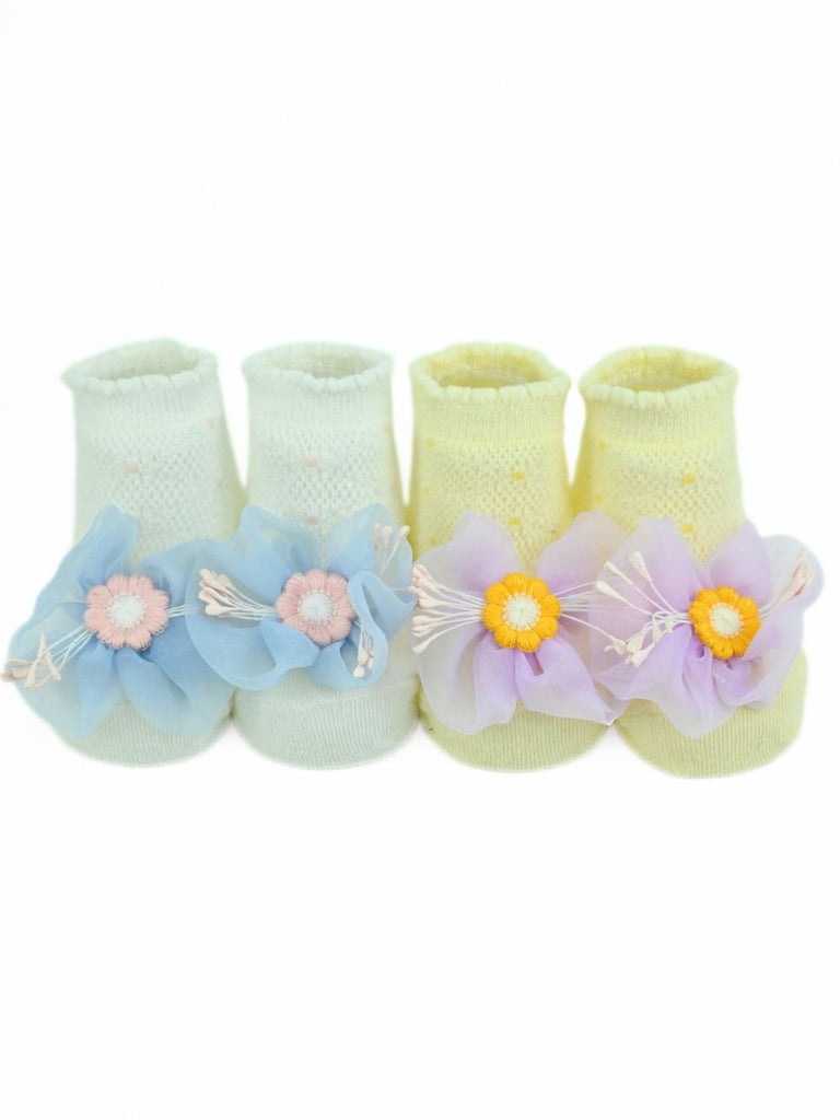Stylish Cotton Party Socks Combo with Mesh Flower Charm for Girls - White & Yellow - Front View