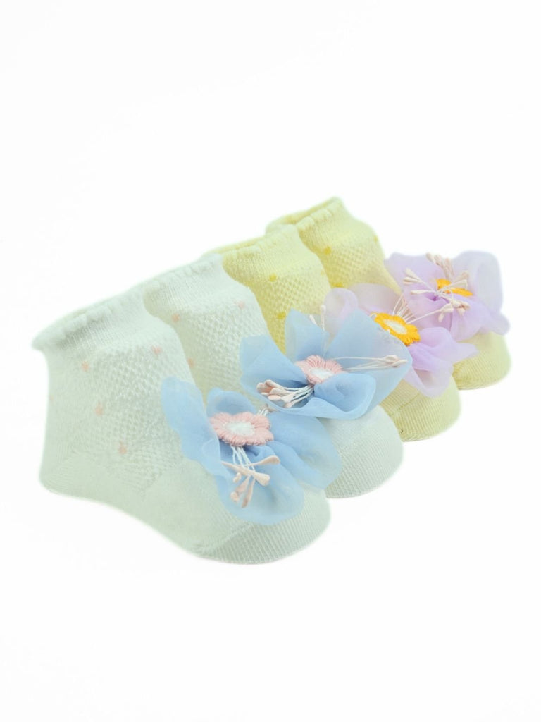 Stylish Cotton Party Socks Combo with Mesh Flower Charm for Girls - White & Yellow - Angle View