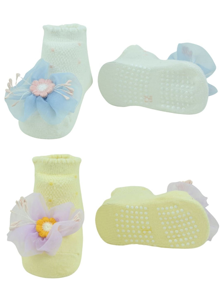 Stylish Cotton Party Socks Combo with Mesh Flower Charm for Girls - White & Yellow - Front & Back View