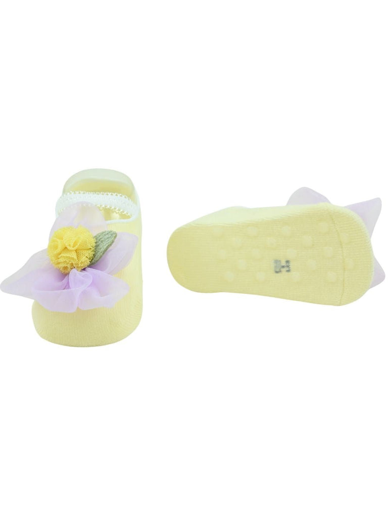Stylish Baby Girl Socks with Soft Mesh Flower Accent - Yellow - Front & Back View