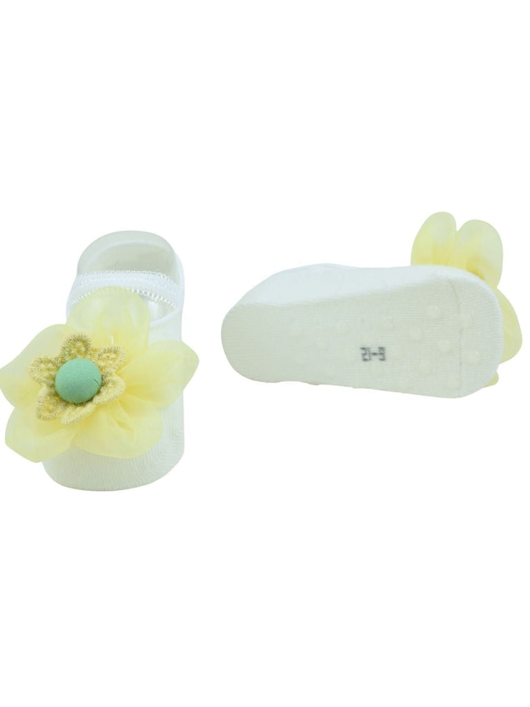 Stylish Baby Socks with Adorable Flower Design for Girls - Yellow  Front & Back View