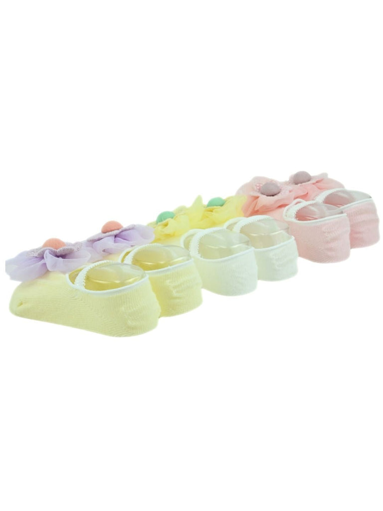 Stylish Cotton Baby Socks with Flower Charm for Girls- Pink, Yellow & Purple Back Side View