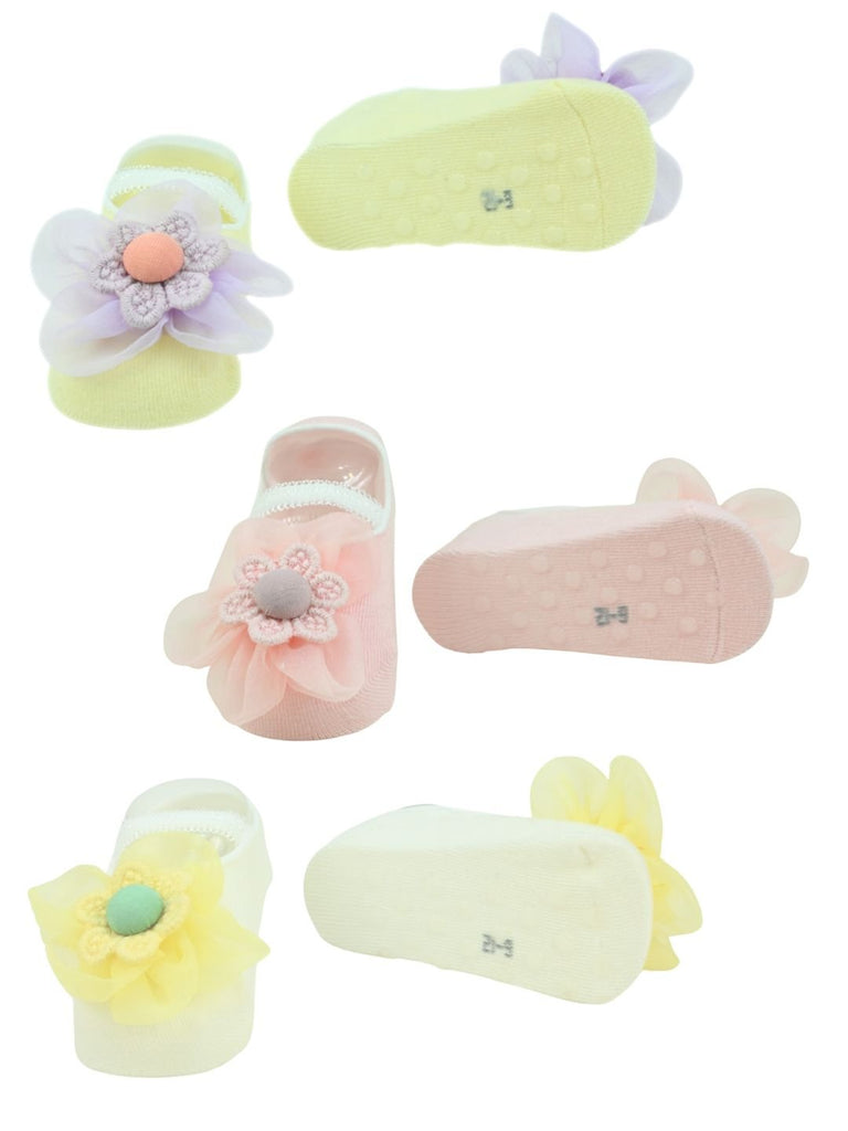 Stylish Cotton Baby Socks with Flower Charm for Girls- Pink, Yellow & Purple  Front & Back View