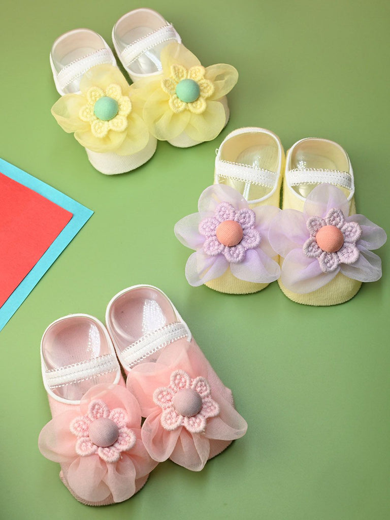 Stylish Cotton Baby Socks with Flower Charm for Girls- Pink, Yellow & Purple  Creative View