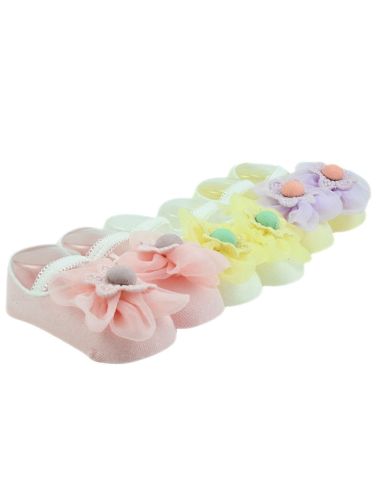 Stylish Cotton Baby Socks with Flower Charm for Girls- Pink, Yellow & Purple Side View