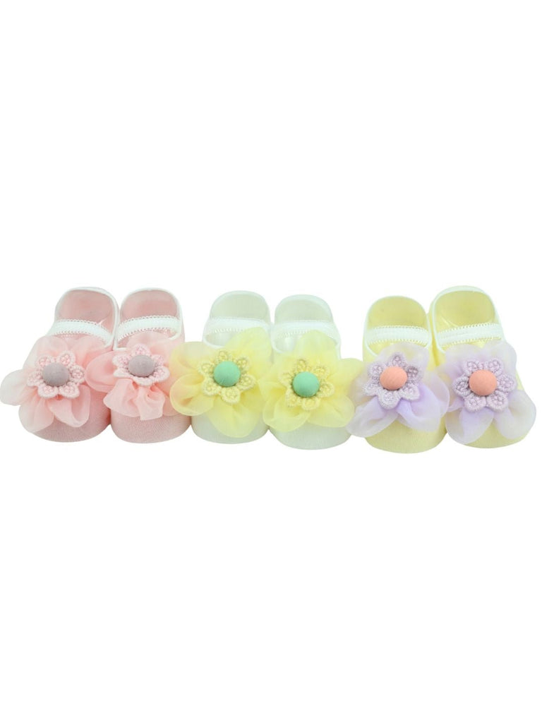 Stylish Cotton Baby Socks with Flower Charm for Girls- Pink, Yellow & Purple Close Up View