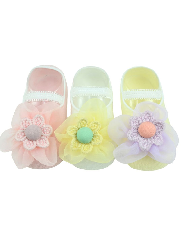 Stylish Cotton Baby Socks with Flower Charm for Girls- Pink, Yellow & Purple  Front  View