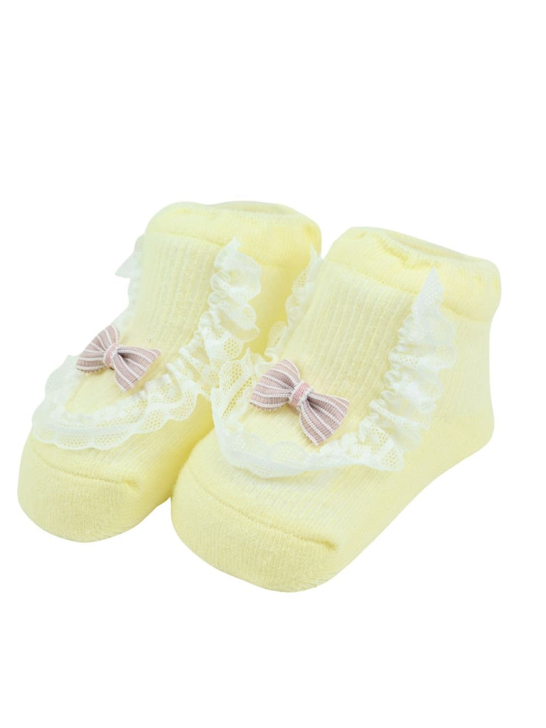 Stylish Cotton Socks with Frill Lace & Bow Accent for Girls - Yellow - Angle View