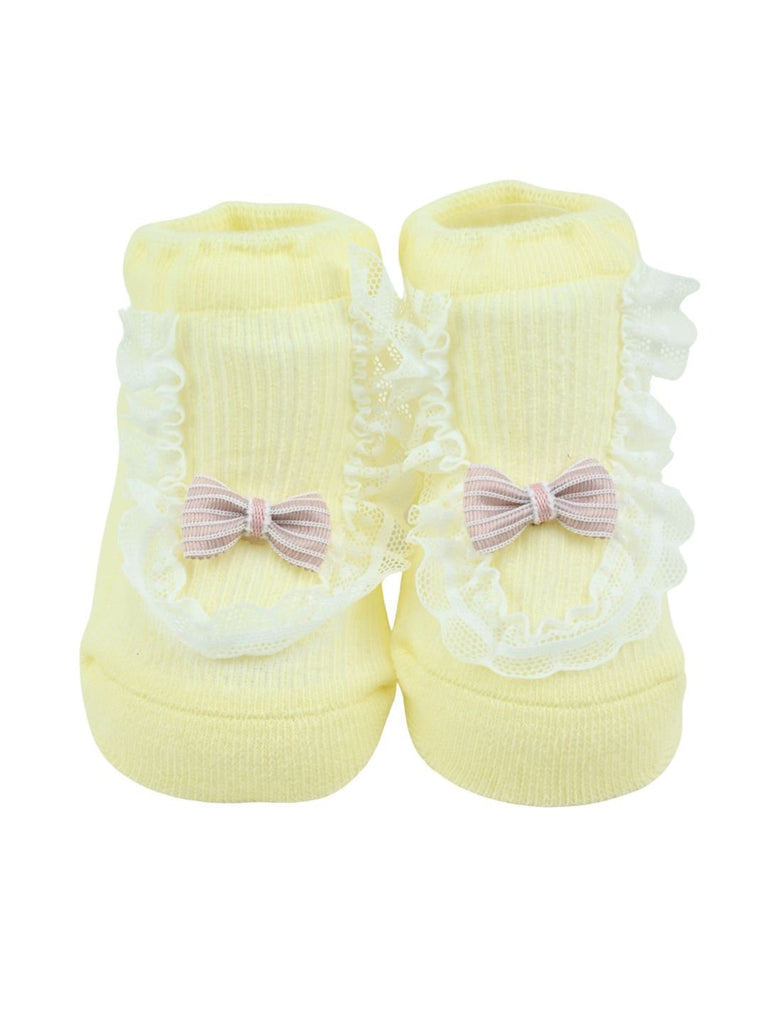 Stylish Cotton Socks with Frill Lace & Bow Accent for Girls - Yellow - Front View