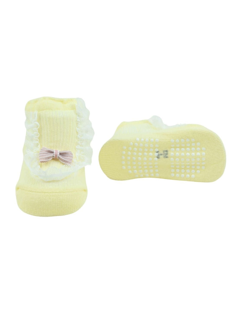 Stylish Cotton Socks with Frill Lace & Bow Accent for Girls - Yellow - Front & Back View
