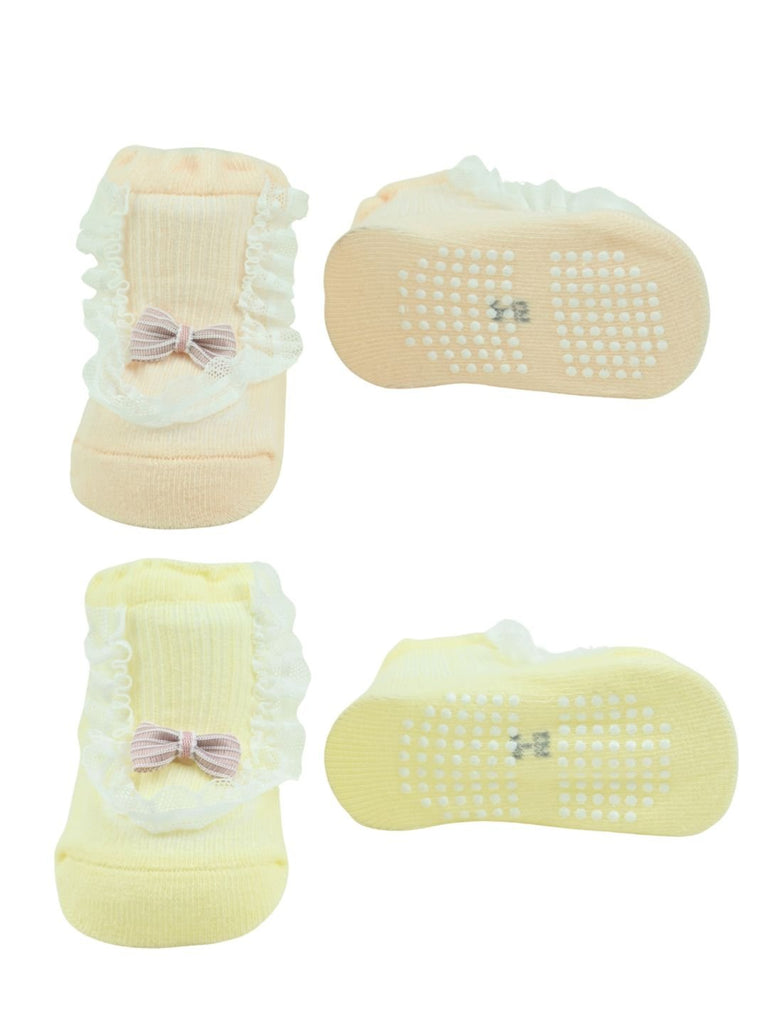 Stylish_Cotton_Socks_with_Frill_Lace_Bow_for_Girls_Yellow_Pink_-_Front & Back View