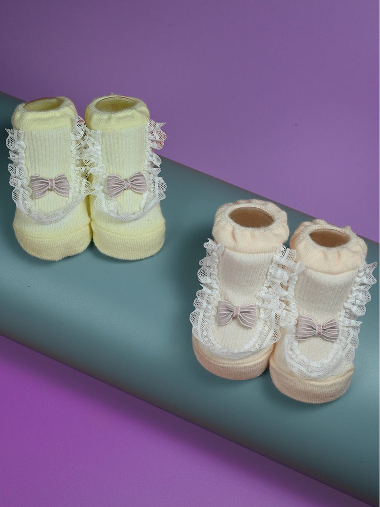 Stylish Cotton Socks with Frill Lace & Bow for Girls – Yellow & Pink - Creative View