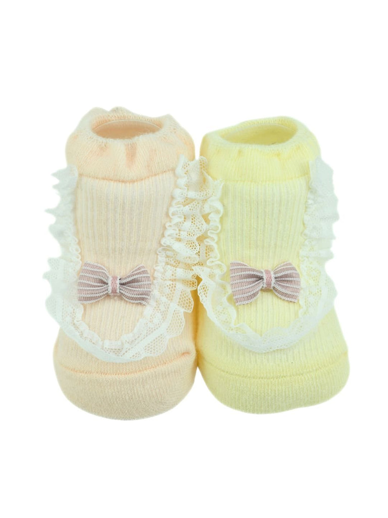 Stylish Cotton Socks with Frill Lace & Bow for Girls – Yellow & Pink - Single View
