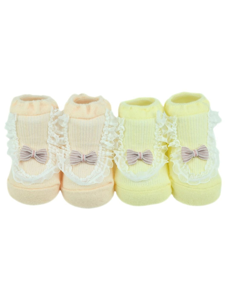 Stylish_Cotton_Socks_with_Frill_Lace_Bow_for_Girls_Yellow_Pink_-_Front View