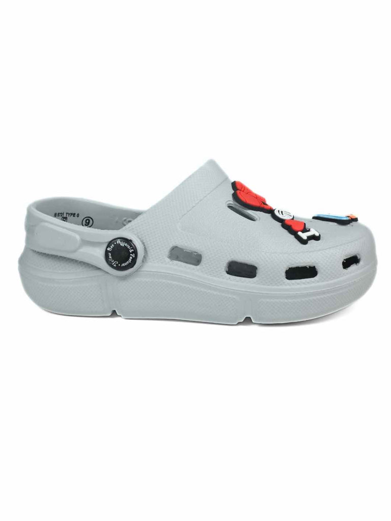 Stylish Grey Clogs with skateboard, Boxing Gloves & Love Charm for Boys-Side view