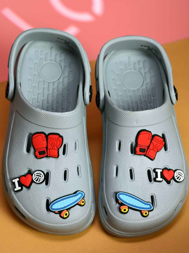 Stylish Grey Clogs with skateboard, Boxing Gloves & Love Charm for Boys-Creative View