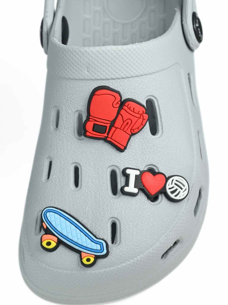 Stylish Grey Clogs with skateboard, Boxing Gloves & Love Charm for Boys-Close up view