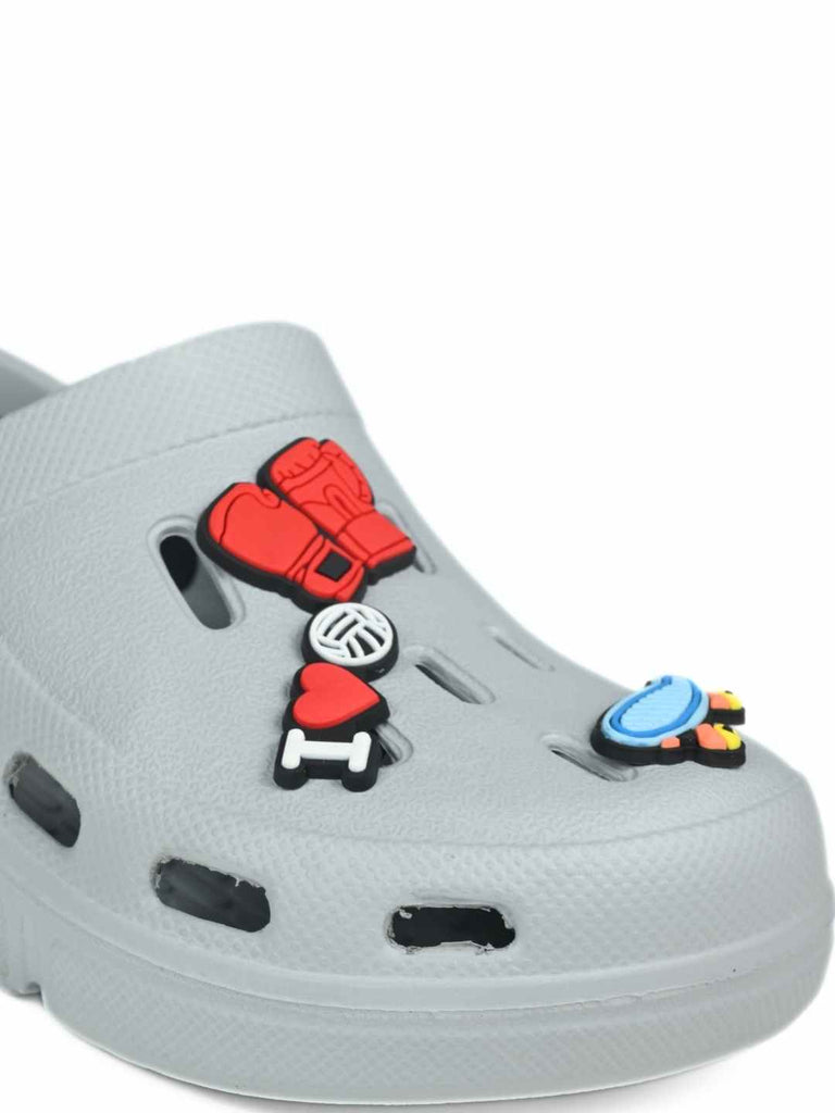 Stylish Grey Clogs with skateboard, Boxing Gloves & Love Charm for Boys-Zoom  view