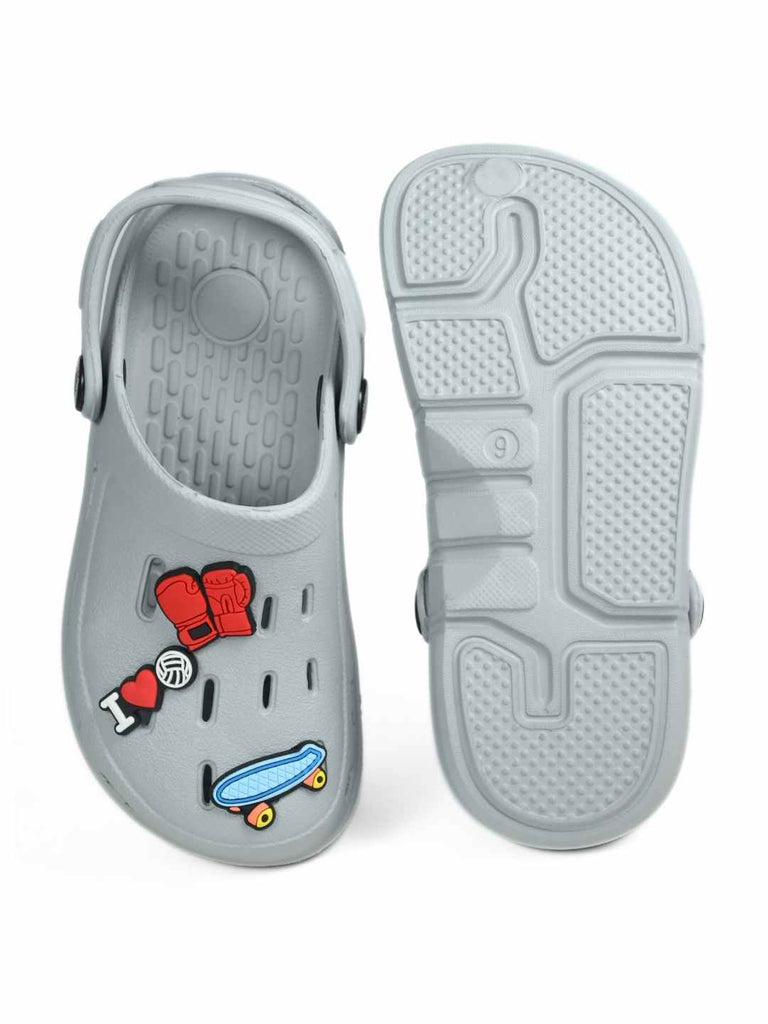 Stylish Grey Clogs with skateboard, Boxing Gloves & Love Charm for Boys-Front & Back view