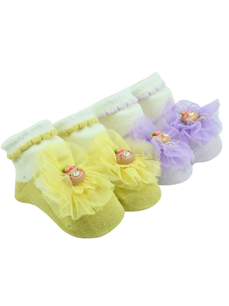 Stylish Infant Socks with Bear Charm & Tulle Bow for Girls - Purple & Yellow - Angle View
