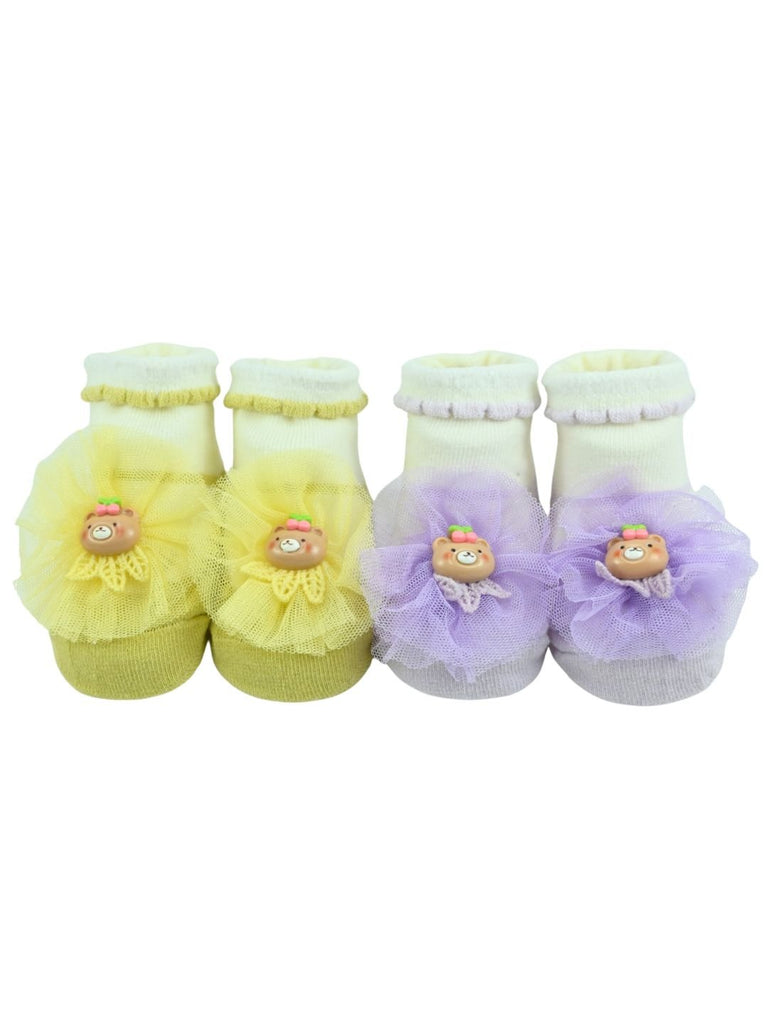 Stylish Infant Socks with Bear Charm & Tulle Bow for Girls - Purple & Yellow - Front View