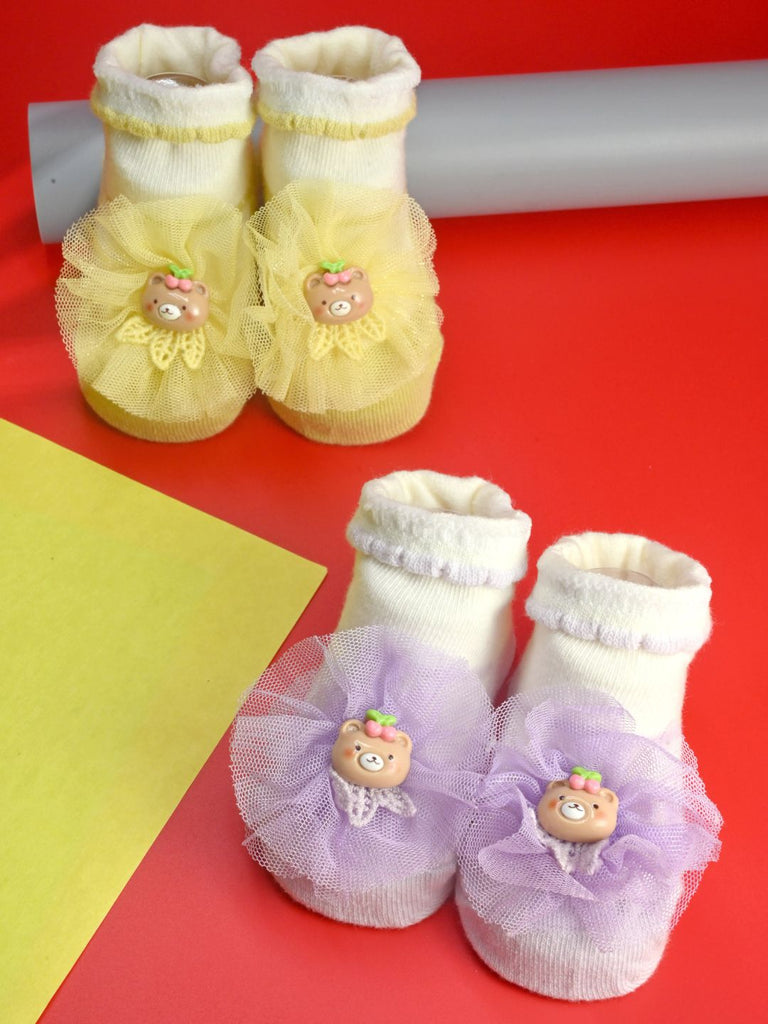Stylish Infant Socks with Bear Charm & Tulle Bow for Girls - Purple & Yellow - Creative View