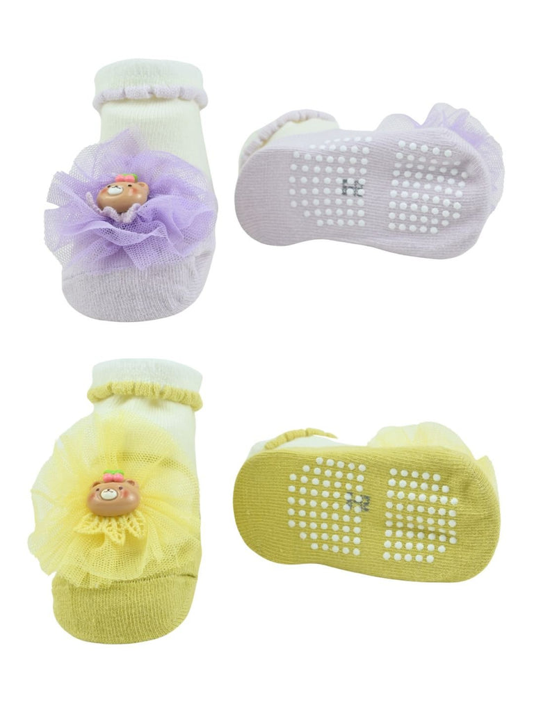 Stylish Infant Socks with Bear Charm & Tulle Bow for Girls - Purple & Yellow - Front & Back View