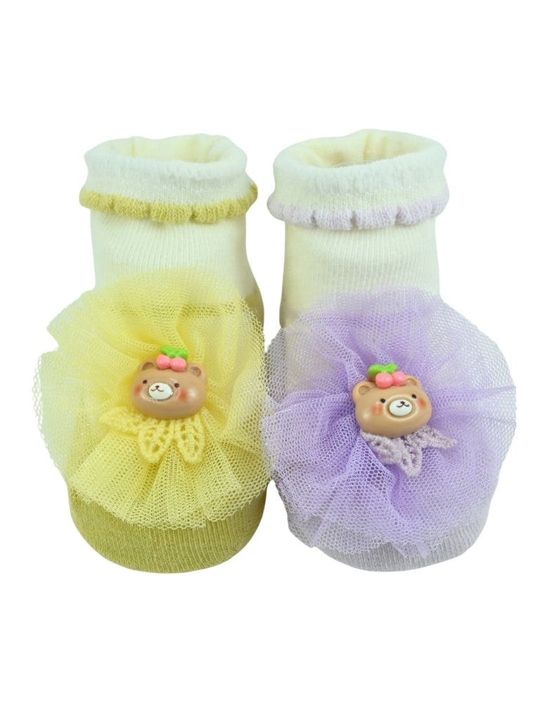Stylish Infant Socks with Bear Charm & Tulle Bow for Girls - Purple & Yellow - Full View