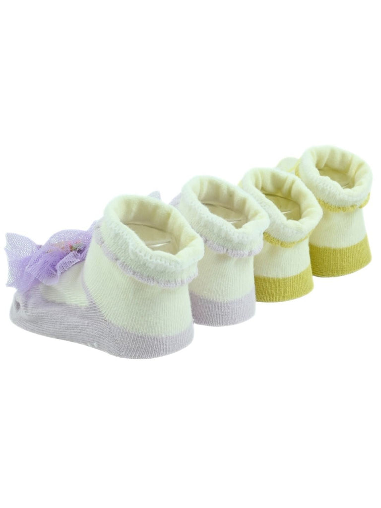 Stylish Infant Socks with Bear Charm & Tulle Bow for Girls - Purple & Yellow - Back View